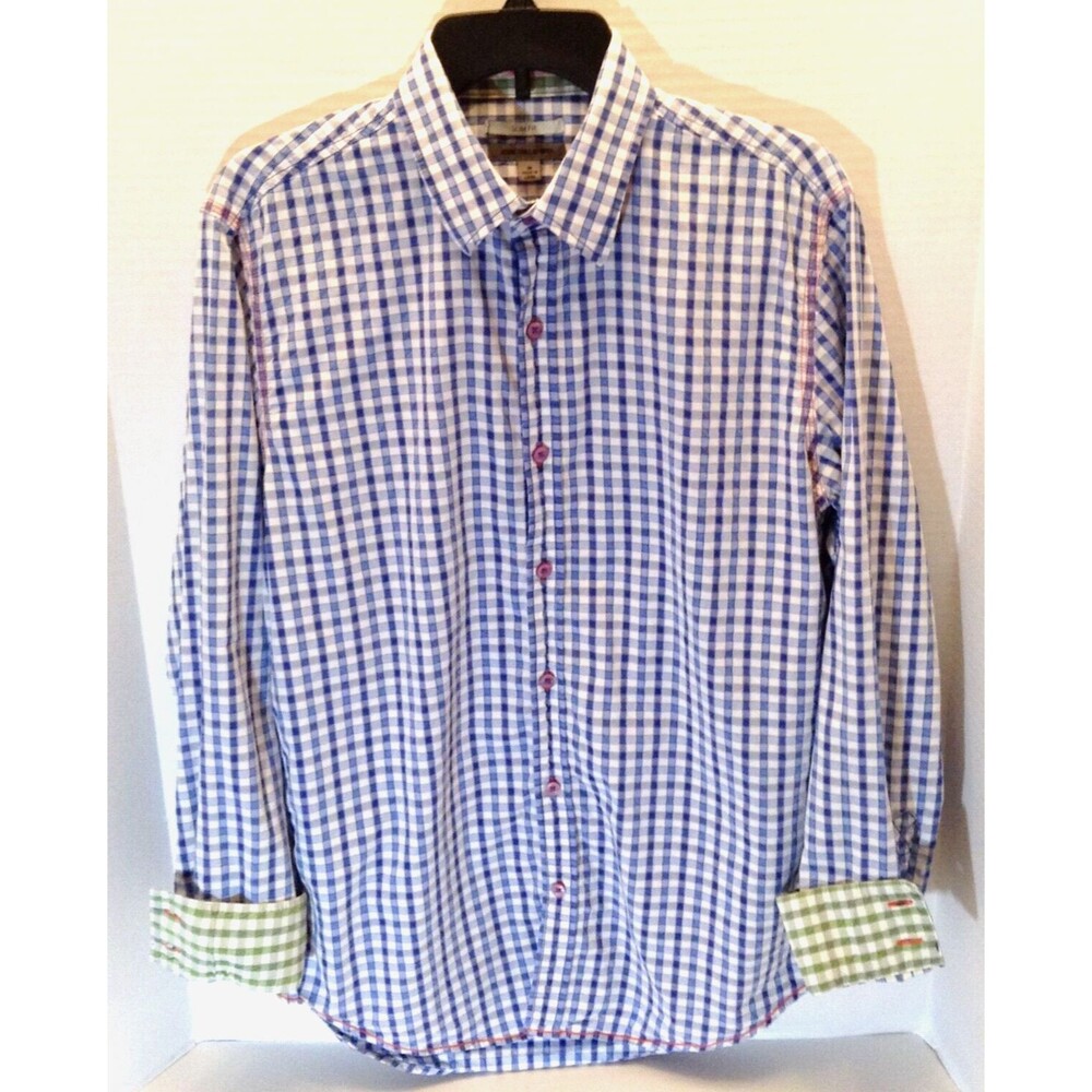 Johnston & Murphy Shirt Men M Blue Check Plaid Slim Fit Button Up Flip Cuff
